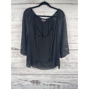 Hale Bob Shirt Women's Small Black Crochet Tassel Hem 3/4 Bell Sleeve Boho Tunic
